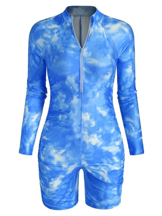 Half Zip Tie Dye Ruched Cycling Romper for Women BOT210207038BLUL L / Blue