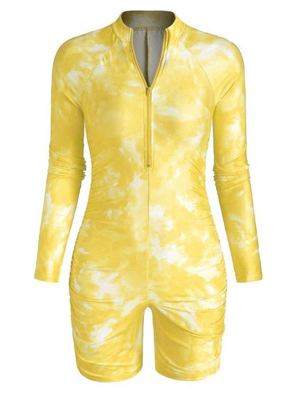 Half Zip Tie Dye Ruched Cycling Romper for Women BOT210207038YELS S / Yellow