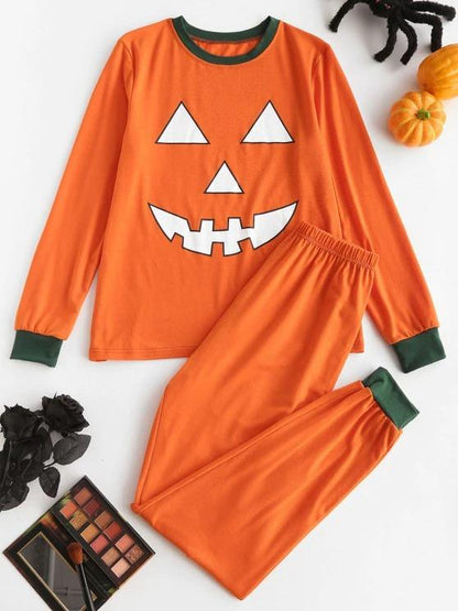 Halloween Funny Pumpkin Face Two Piece Pants Set for Women