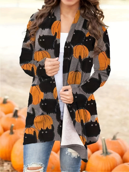 Halloween Pumpkin Pattern Open Front Long Sleeve Cardigan CAR231012016ORAS(4) Orange / S(4)