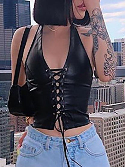 Halter Eyelet Lace-up PU Leather Crop Top