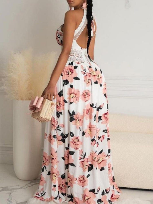 Halter Floral Print Crisscross Backless Maxi Dress DRE210428106PINS Pink / S