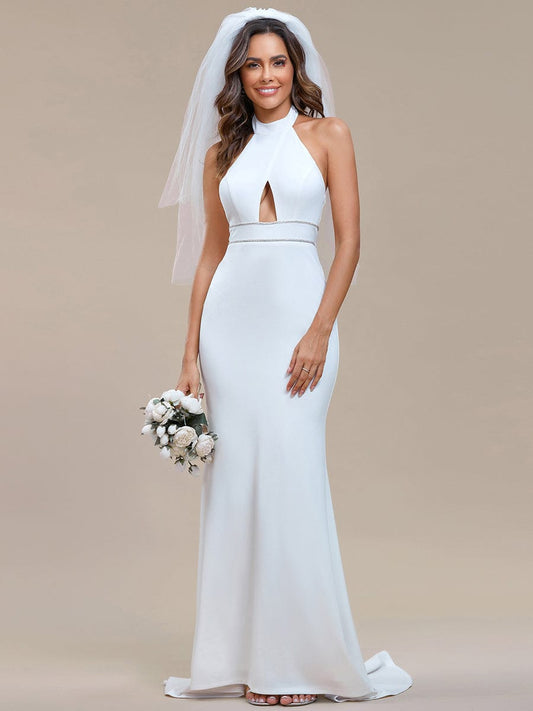 Halter Hollow Out Sleeveless Waist Detail Mermaid Wedding Dress EH01906WH04 White / 4