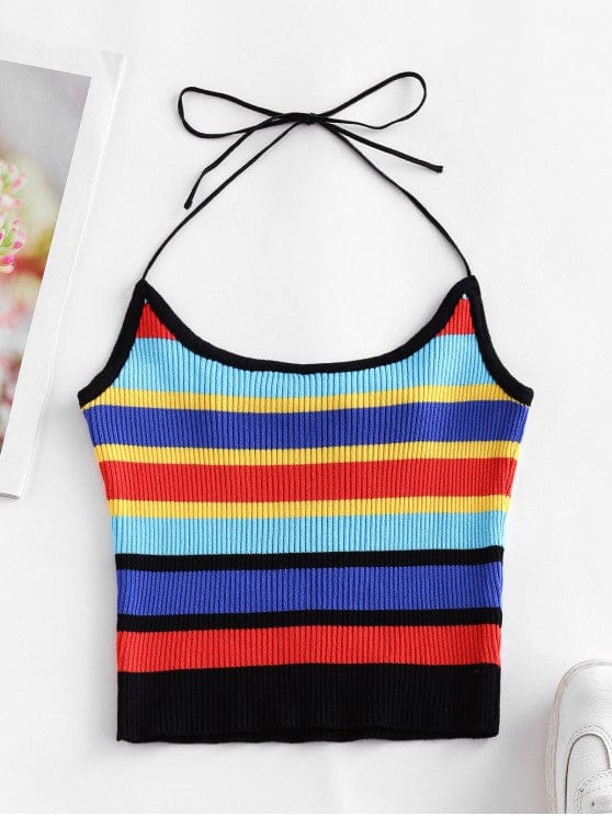 Halter Knitted Colorful Stripes Crop Top TSH210312287MULS Multicolor / S