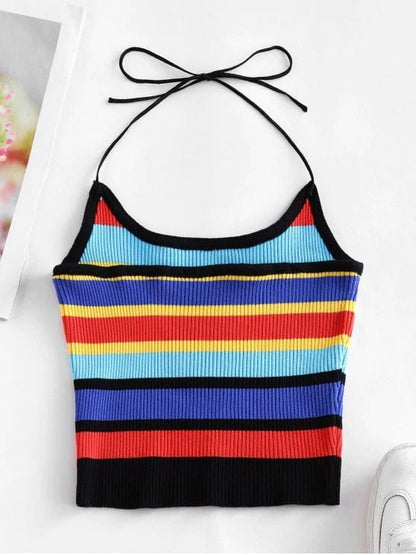 Halter Knitted Colorful Stripes Crop Top