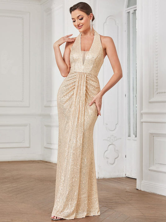Halter Neck A Line Sleeveless Floor Length Wholesale Evening Dresses EE01436RG04 Rose Gold / 4