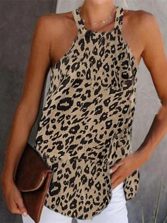 Halter Neck Pullover Round Neck Leopard Print Vest TAN2107171290BROS Brown / S