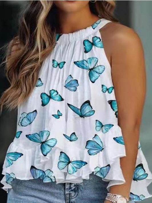 Halter Off Shoulder Burrterfly Printed Tank Top TAN2107061224WHIS White / S