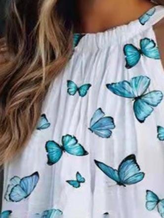 Halter Off Shoulder Burrterfly Printed Tank Top