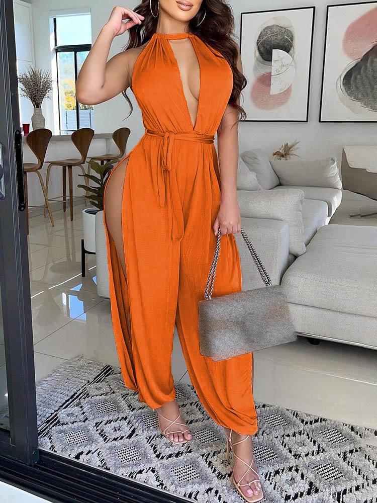 Halter Open Front High Slit Jumpsuit for Women