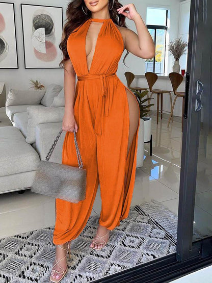 Halter Open Front High Slit Jumpsuit for Women JUM210430064S Orange / S