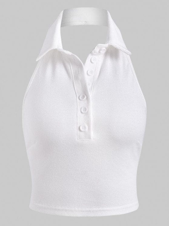 Halter Rib-knit Half Button Crop Top TAN210309131WHIS White / S