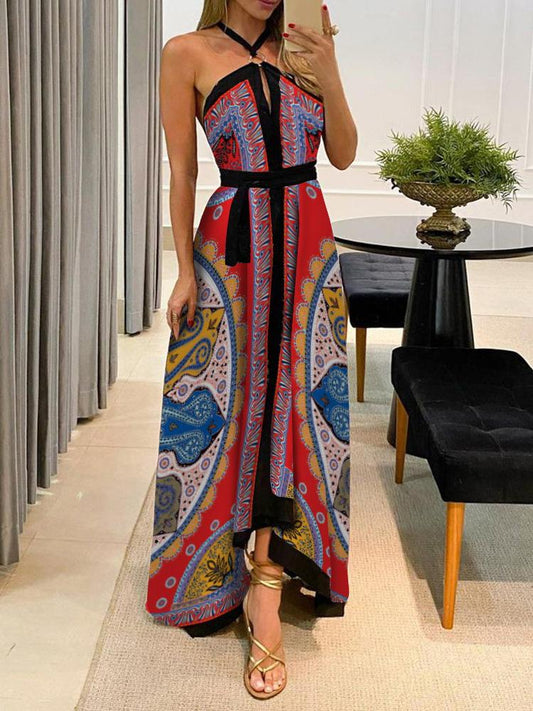 Halter Scarf Print High Slit Maxi Dress for Women DRE210428083REDS Red / S