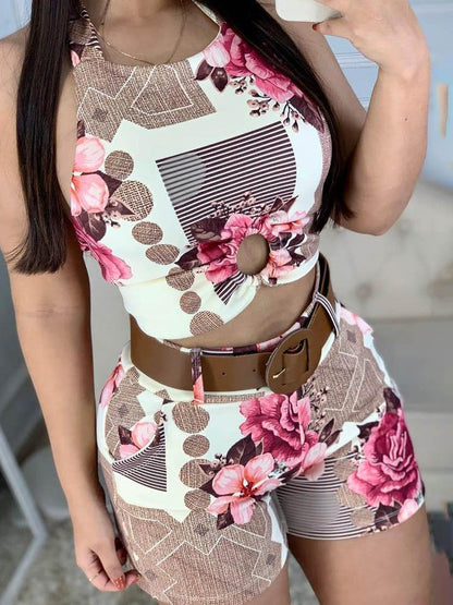 Halter Sleeveless Floral Print Crop Top & Shorts Set SET210505029S Hot Pink / S