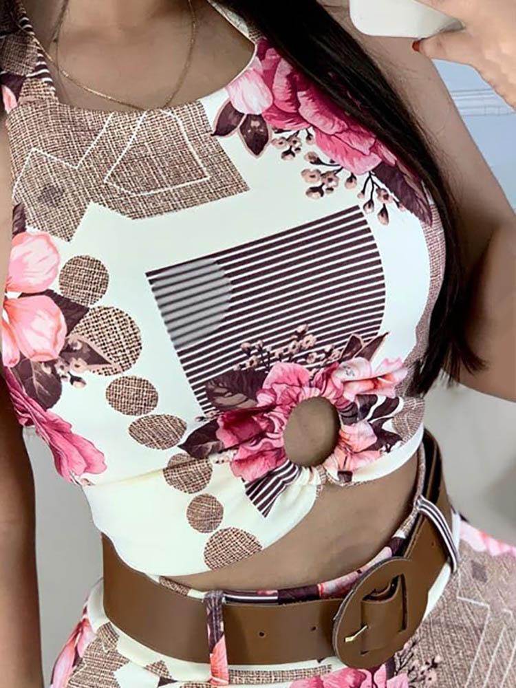 Halter Sleeveless Floral Print Crop Top & Shorts Set