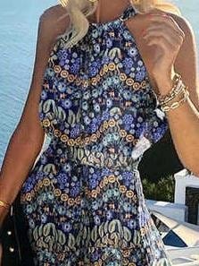 Halter Sleeveless Printed Pleated Dress