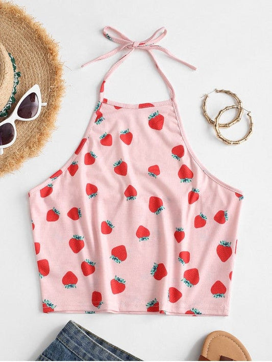 Halter Strawberry Crop Top temp2021492709 Pink / S