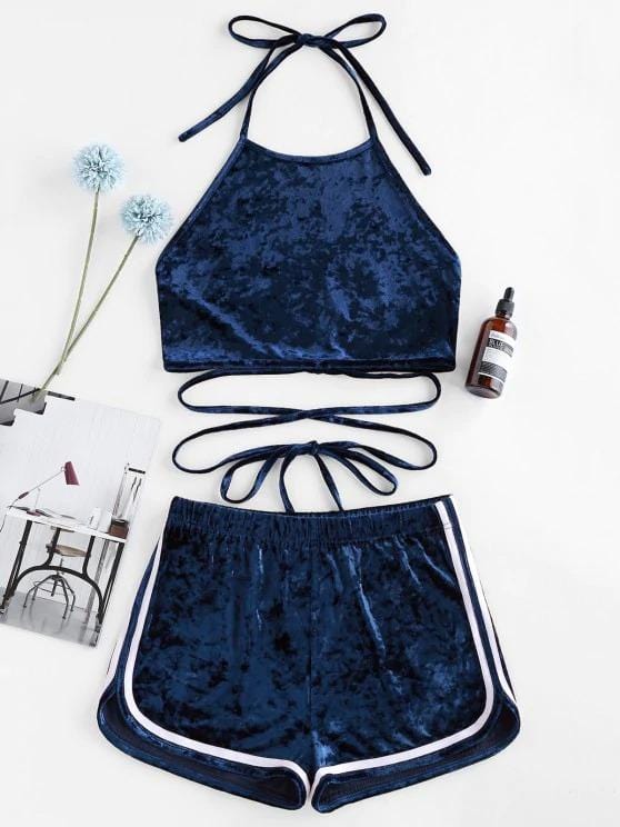 Halter Velvet Tied Co Ord Set temp2021118661 Blue / XL