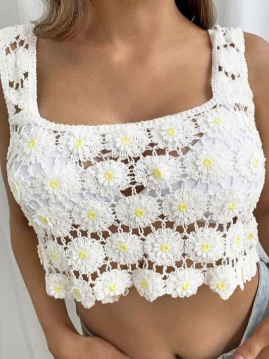 Hand Hook Chrysanthemum Cute Tank Tops TAN2107191298WHIM White / M