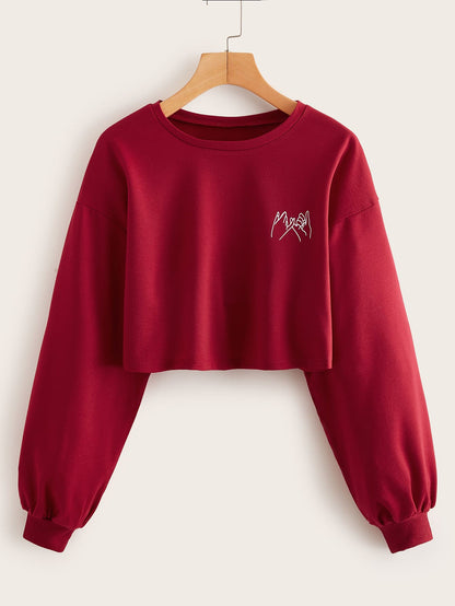 Hands Print Drop Shoulder Crop Sweatshirt temp2021407357 XS / Red