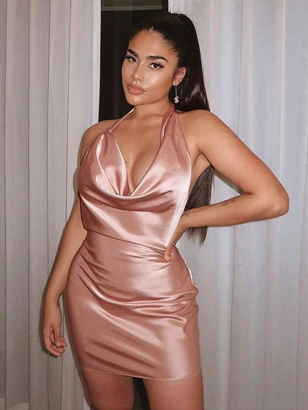 Hanging Neck Satin Backless Bodycon Party Mini Dress