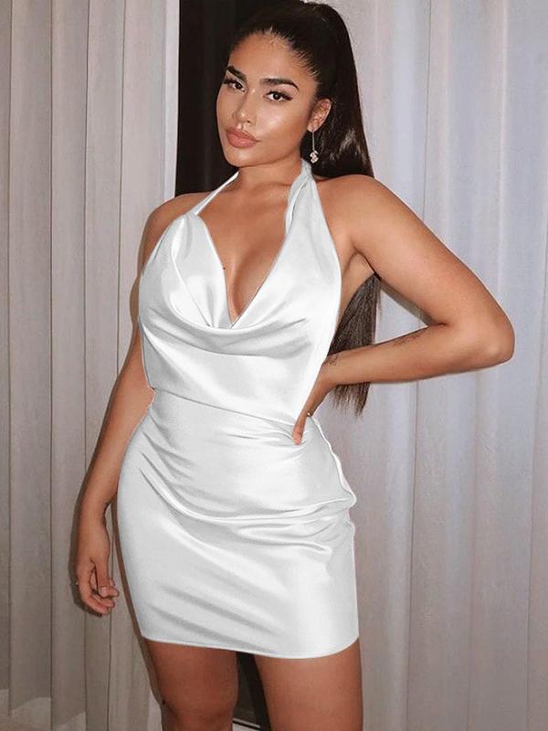 Hanging Neck Satin Backless Bodycon Party Mini Dress