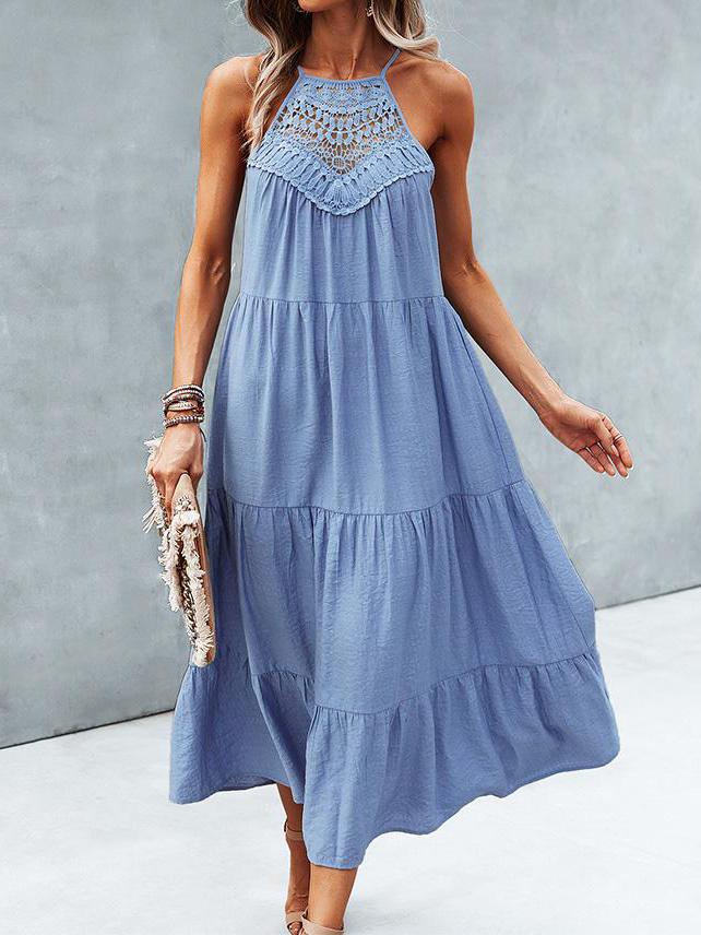 Hanging Neck Solid Color Stitching Big Swing Dress