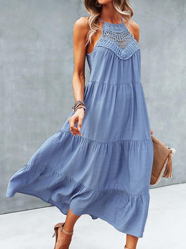 Hanging Neck Solid Color Stitching Big Swing Dress