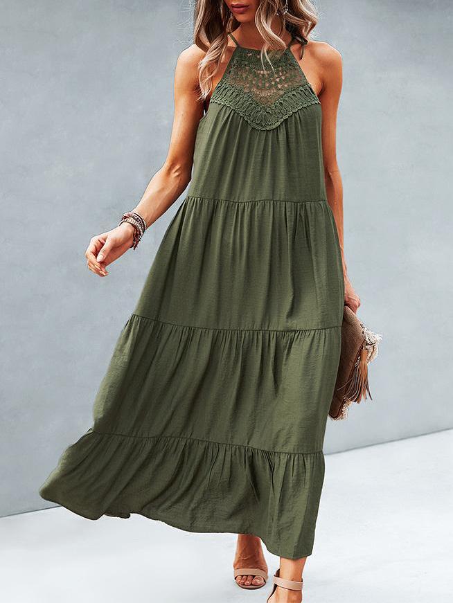 Hanging Neck Solid Color Stitching Big Swing Dress DRE210519994ARMYGRES Army Green / S