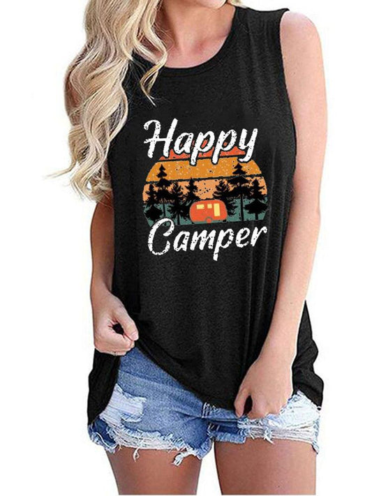 Happy Camper Print Crew Neck Tanks Tops TAN210601217BLAS Black / S