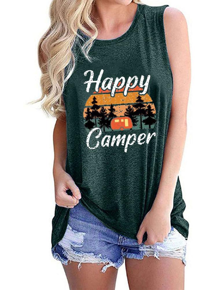 Happy Camper Print Crew Neck Tanks Tops TAN210601217GRES Green / S