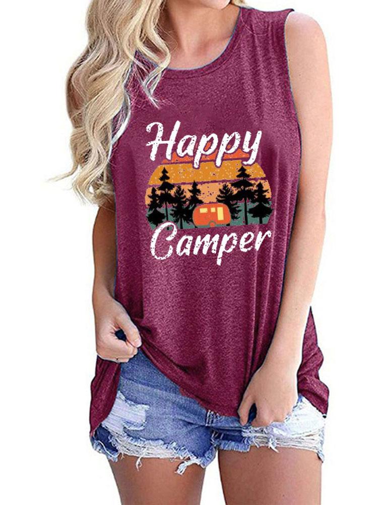 Happy Camper Print Crew Neck Tanks Tops TAN210601217FUCS Fuchsia / S