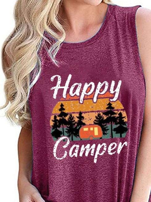 Happy Camper Print Crew Neck Tanks Tops