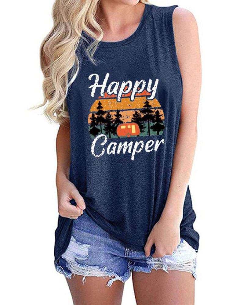 Happy Camper Print Crew Neck Tanks Tops TAN210601217NAVS Navy Blue / S