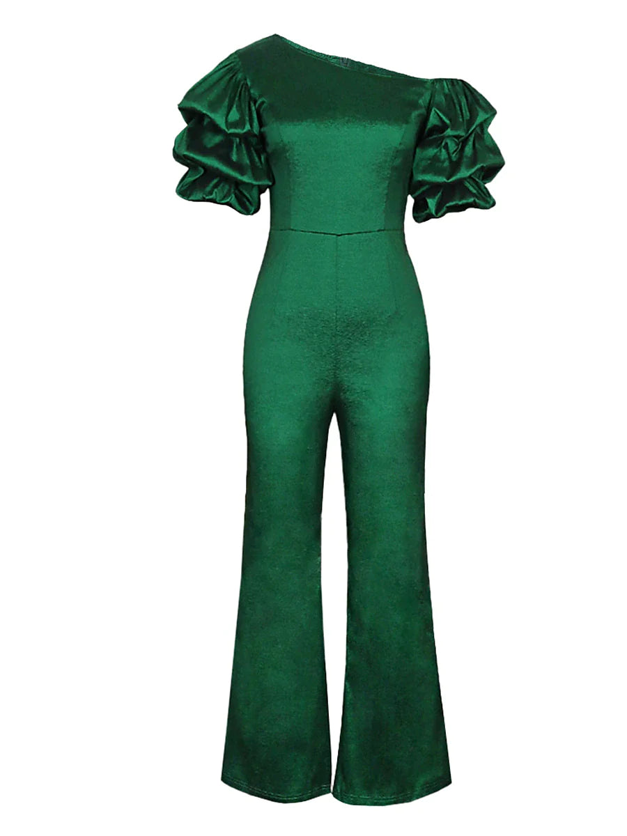 Women‘s Jumpsuit for Special Occasions Christmas High Waist Solid Color V Neck Wedding Elegant Party Xmas Prom Regular Fit Short Sleeve Puff Sleeve Fuchsia Green S M L Summer  Fall