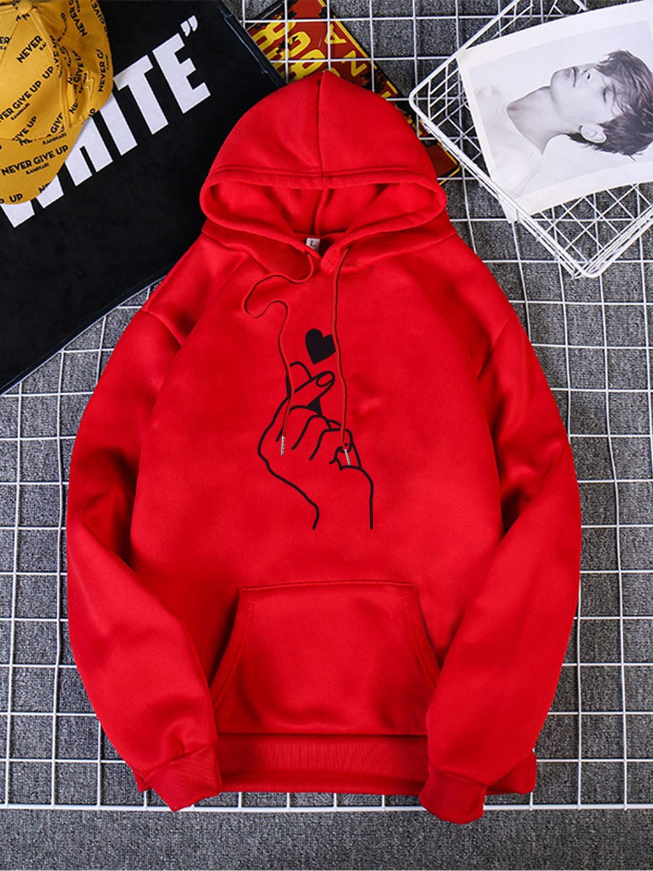 Heart And Gesture Print Thermal Lined Hoodie