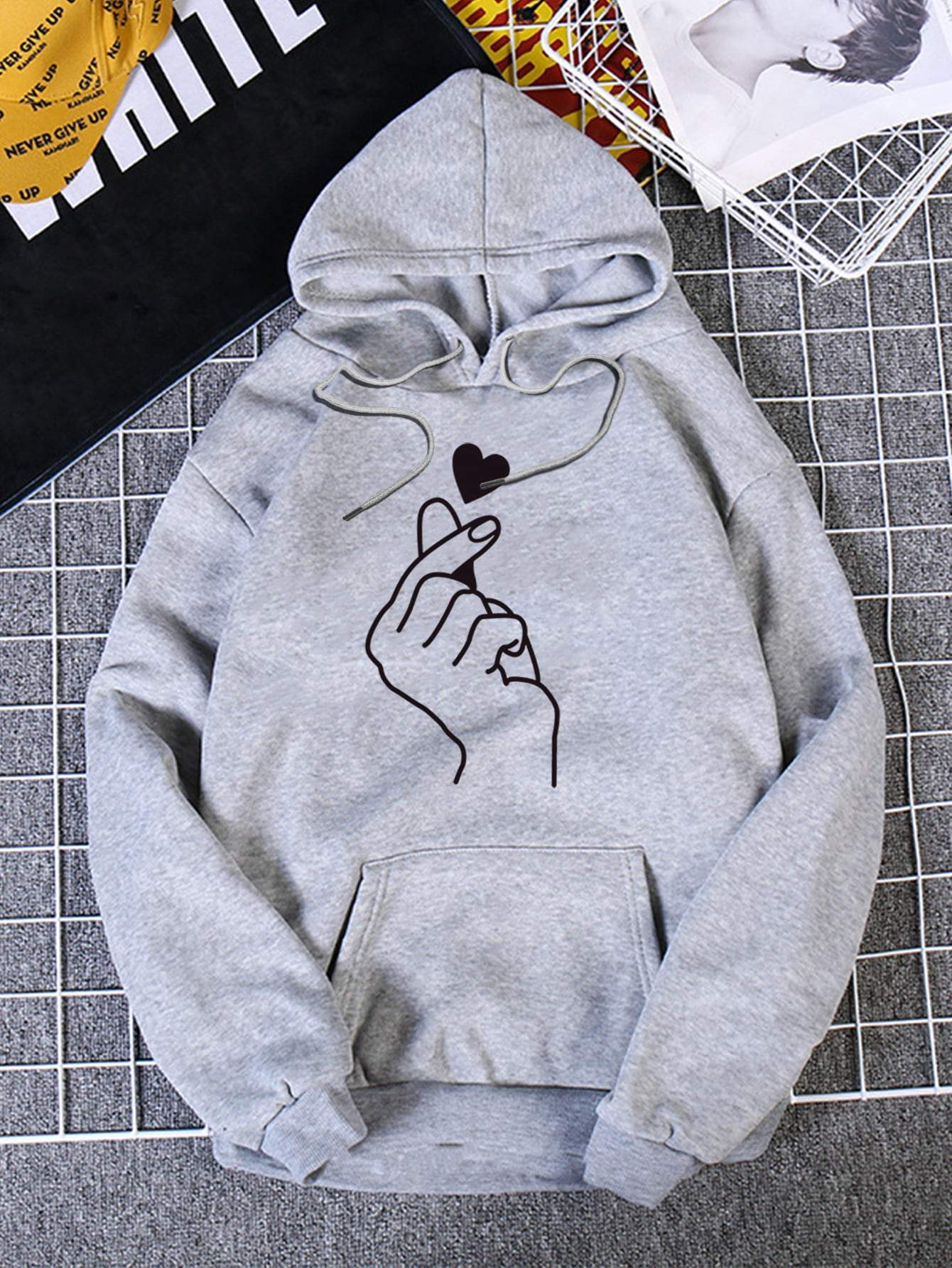 Heart And Gesture Print Thermal Lined Hoodie SWE210310219GRAS S / Grey