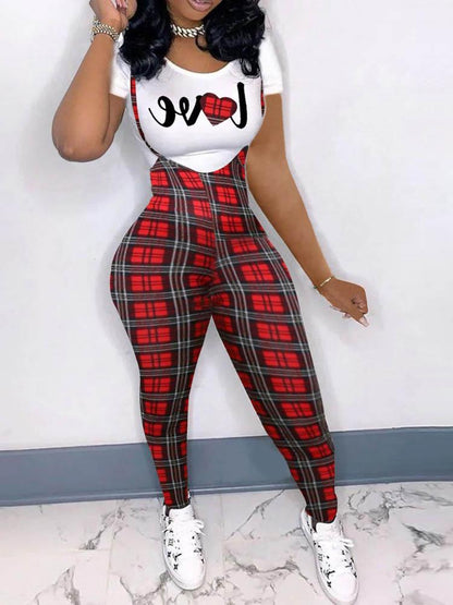 Heart Letter Houndstooth / Plaid Print T-shirt & Suspender Pants Set