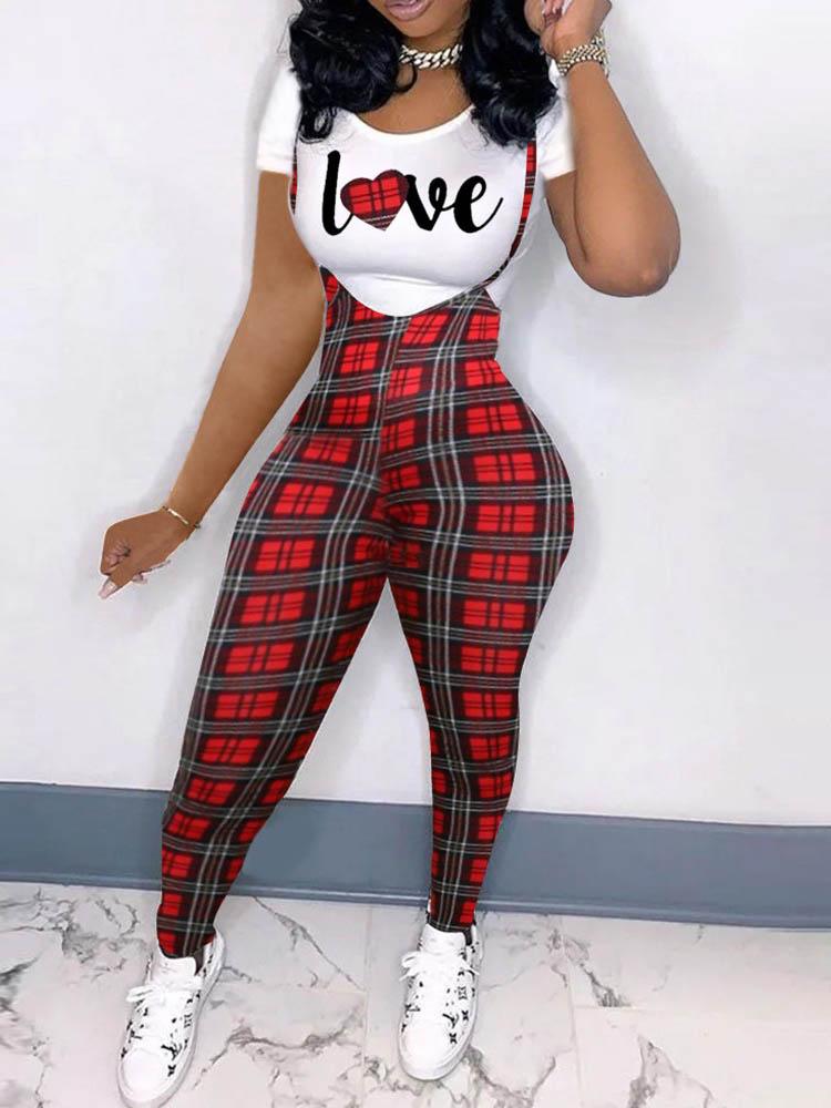 Heart Letter Houndstooth / Plaid Print T-shirt & Suspender Pants Set for Women