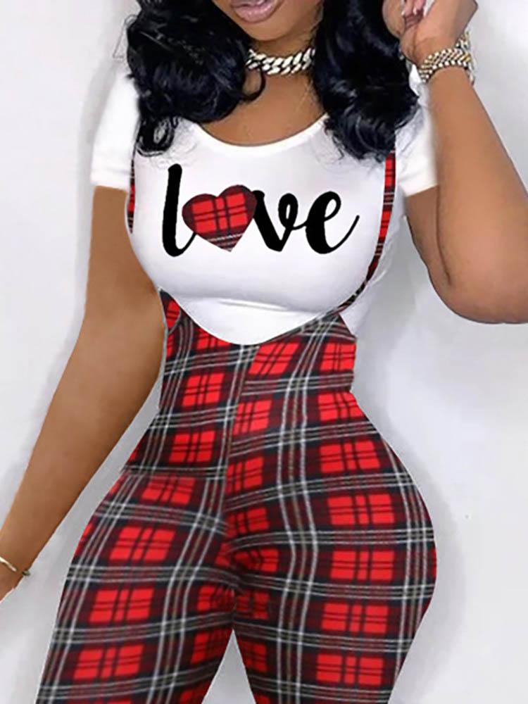 Heart Letter Houndstooth / Plaid Print T-shirt & Suspender Pants Set for Women