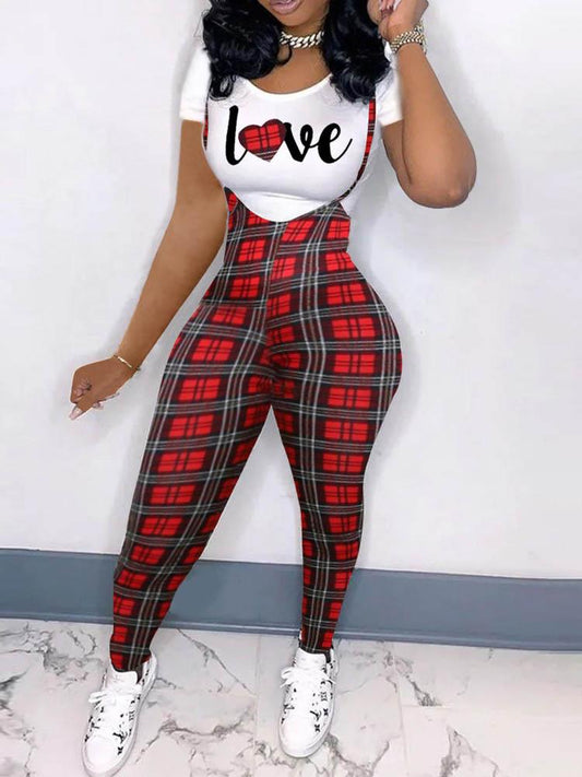 Heart Letter Houndstooth / Plaid Print T-shirt & Suspender Pants Set for Women SET210505024S Red / S