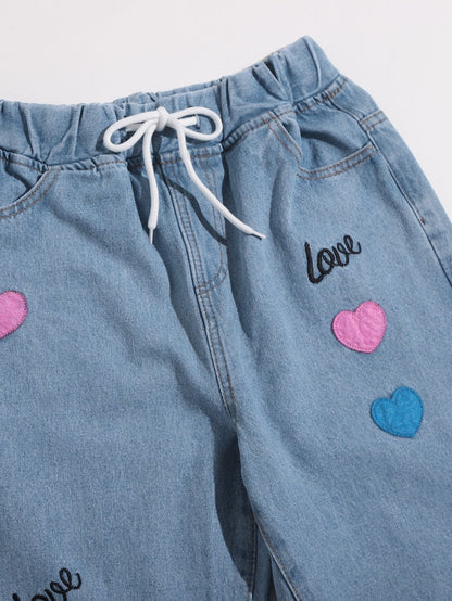 Heart Patched Drawstring Jeans
