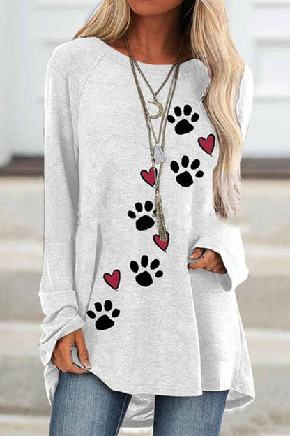 Round Neck Dog Paw Print Loose T-Shirt for Women