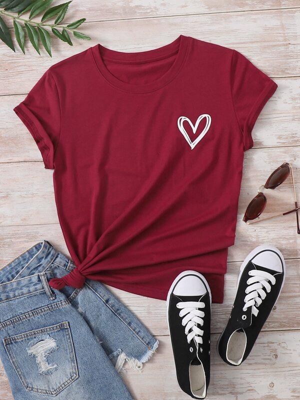 Heart Print Crew Neck Tee for Women