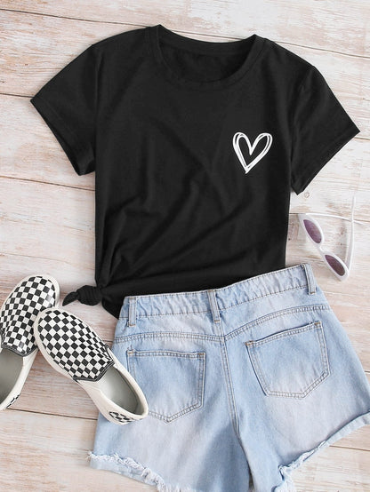 Heart Print Crew Neck Tee for Women