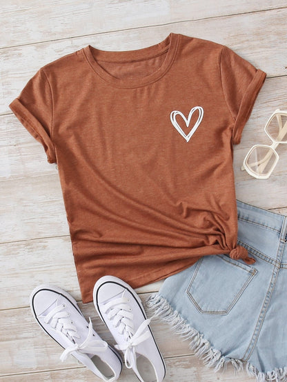 Heart Print Crew Neck Tee for Women