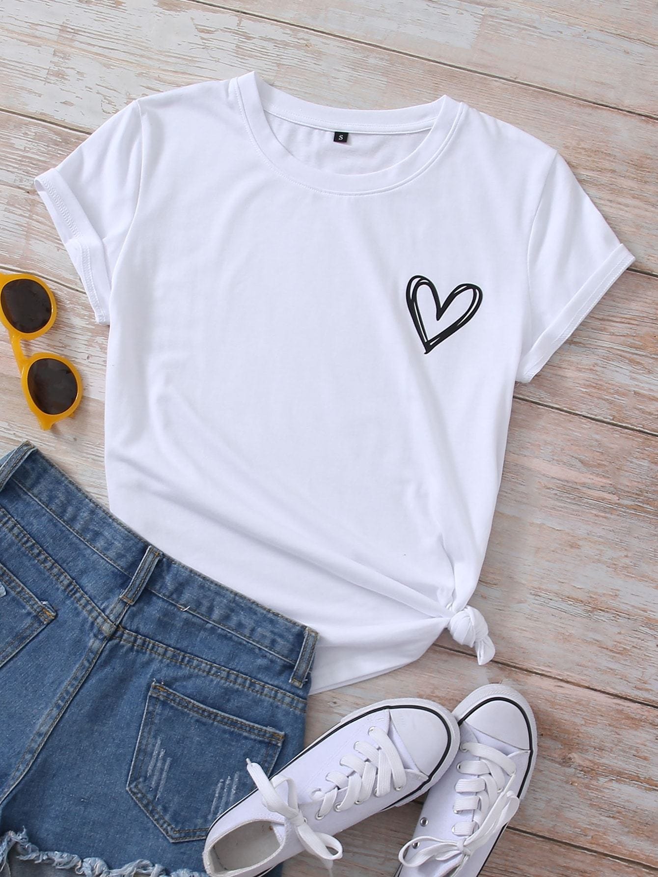 Heart Print Crew Neck Tee for Women