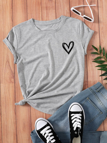 Heart Print Crew Neck Tee for Women