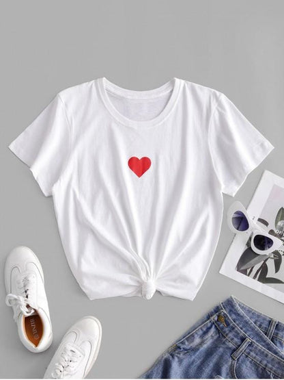 Heart Print Short Sleeve T-shirt for Women