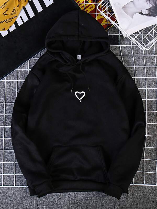 Heart Print Thermal Lined Hoodie temp2021864271 M / Black